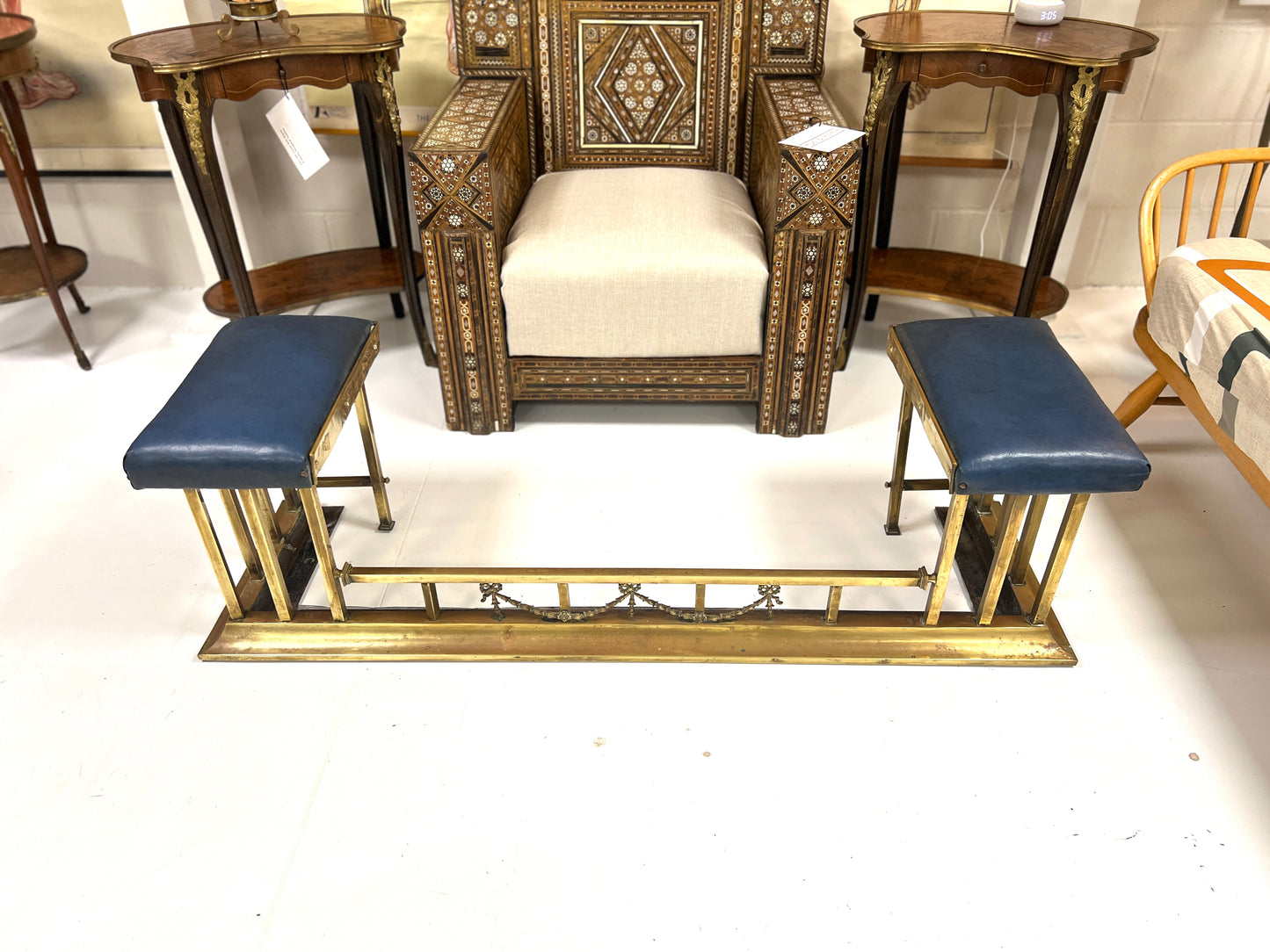 Brass Club Fender with Blue Leather Upholstered Seat