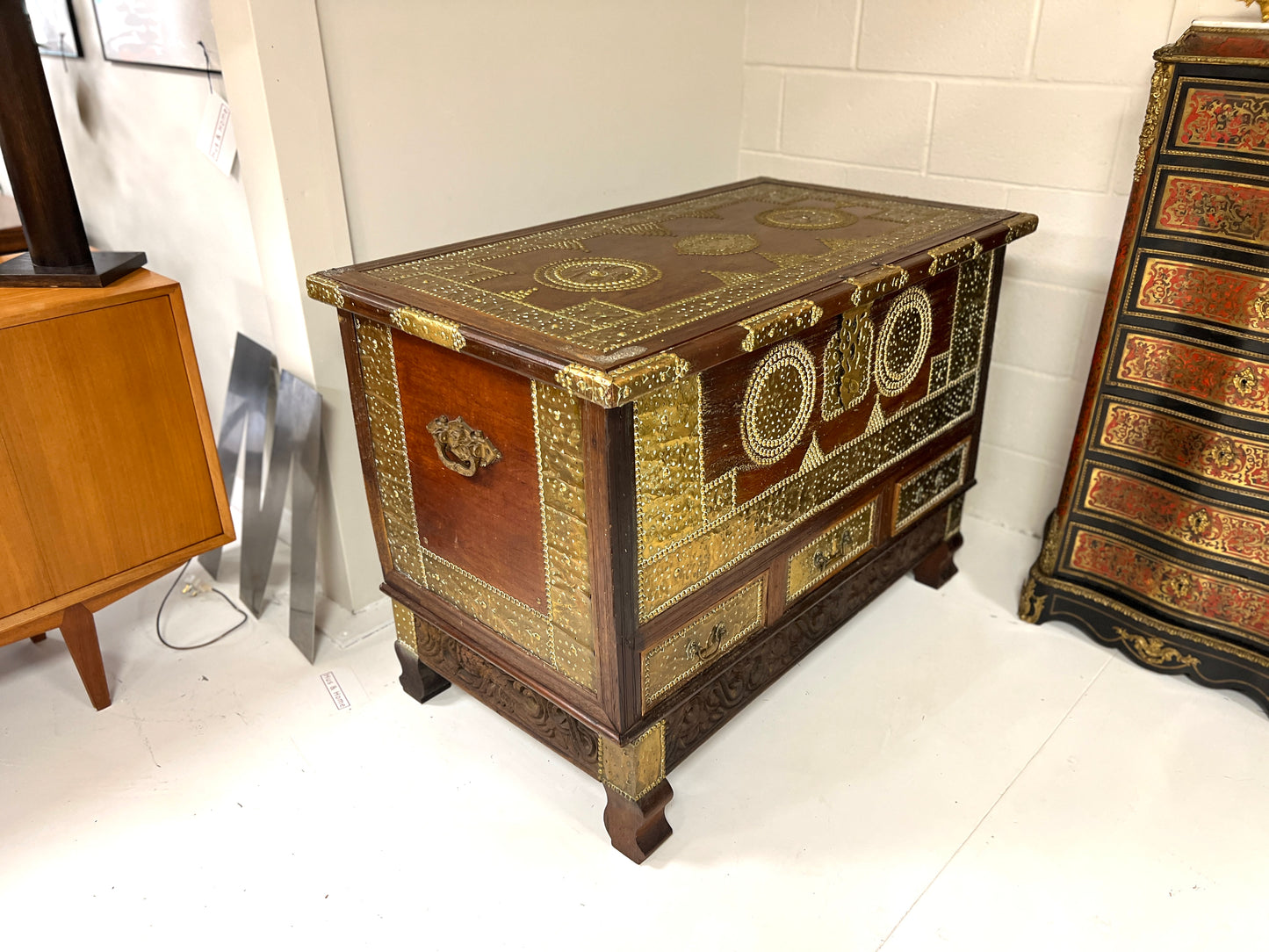 A Large 19th Century Teak and Brass Inlaid Zanzibar Chest on Stand