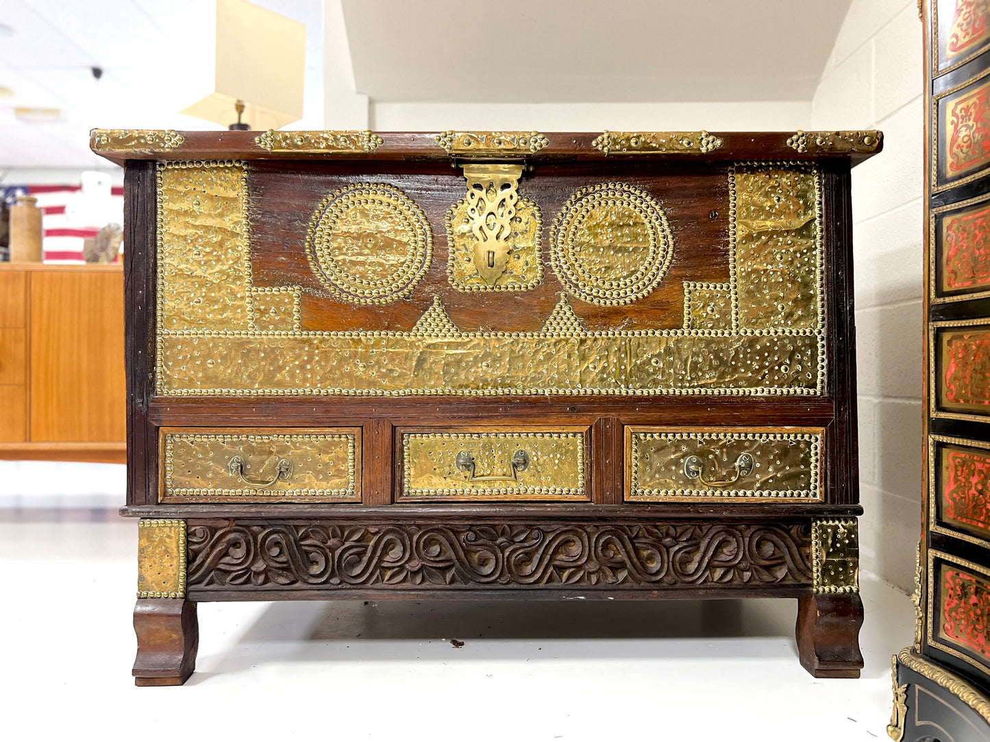 A Large 19th Century Teak and Brass Inlaid Zanzibar Chest on Stand