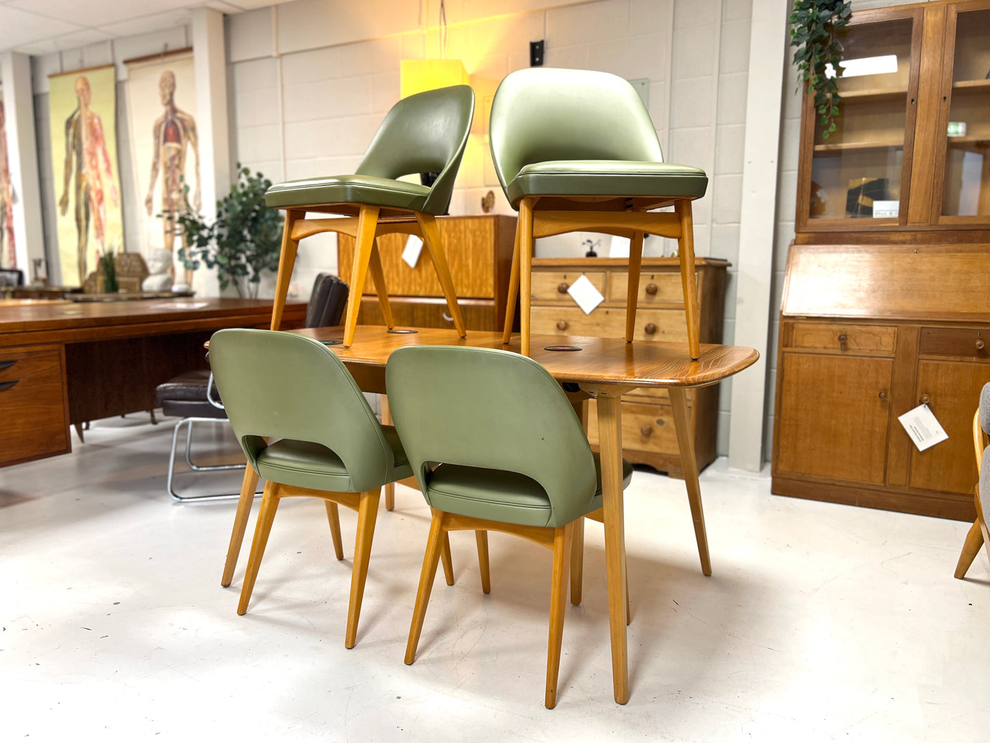 Ben Chairs, Set of Four Green Vinyl Dining Chairs