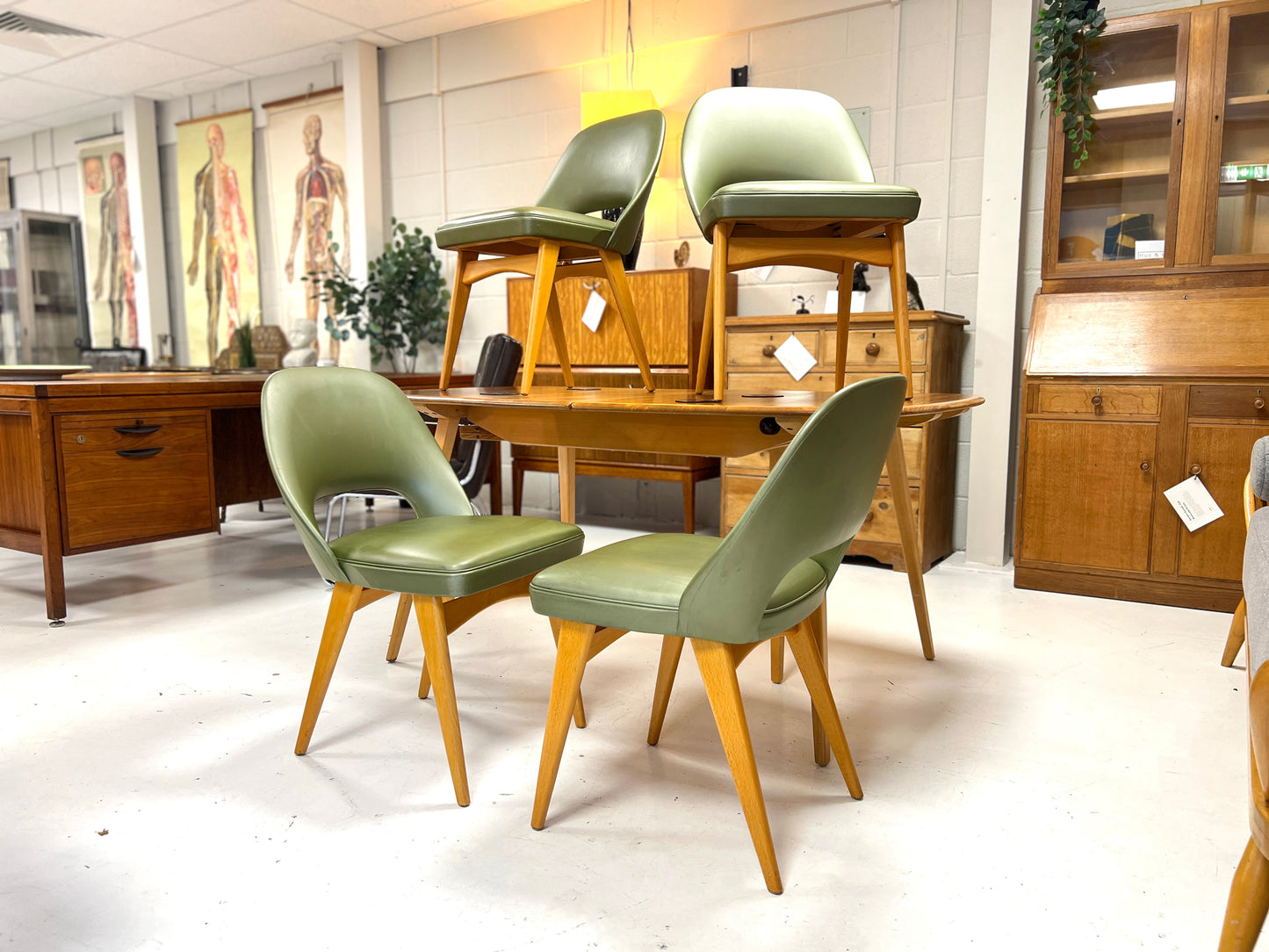 Ben Chairs, Set of Four Green Vinyl Dining Chairs