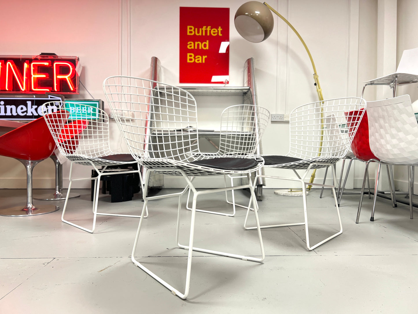 Harry Bertoia Style, Set of Four White Dining Chairs
