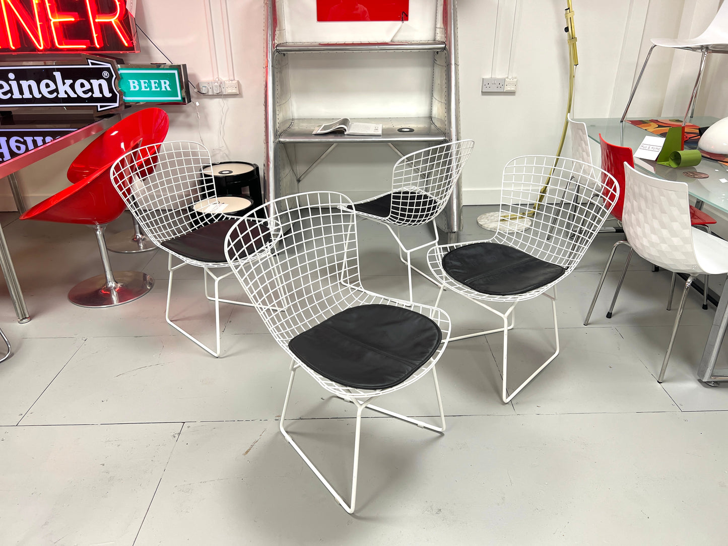 Harry Bertoia Style, Set of Four White Dining Chairs