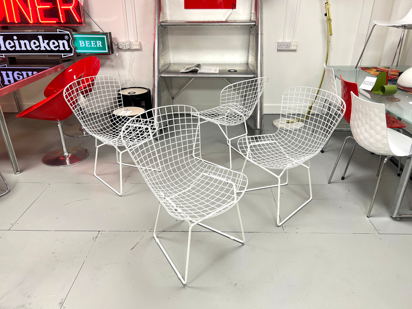 Harry Bertoia Style, Set of Four White Dining Chairs