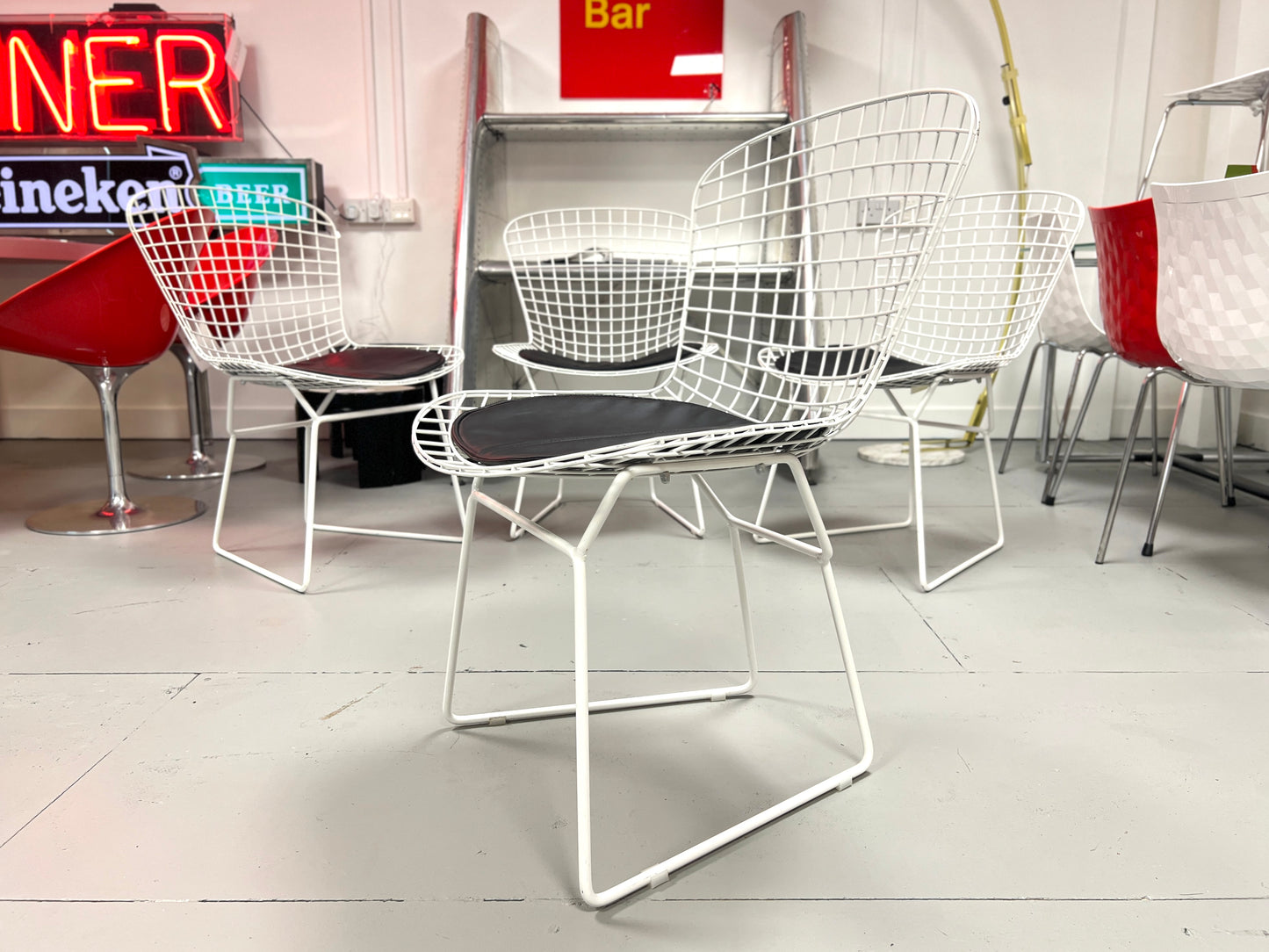 Harry Bertoia Style, Set of Four White Dining Chairs