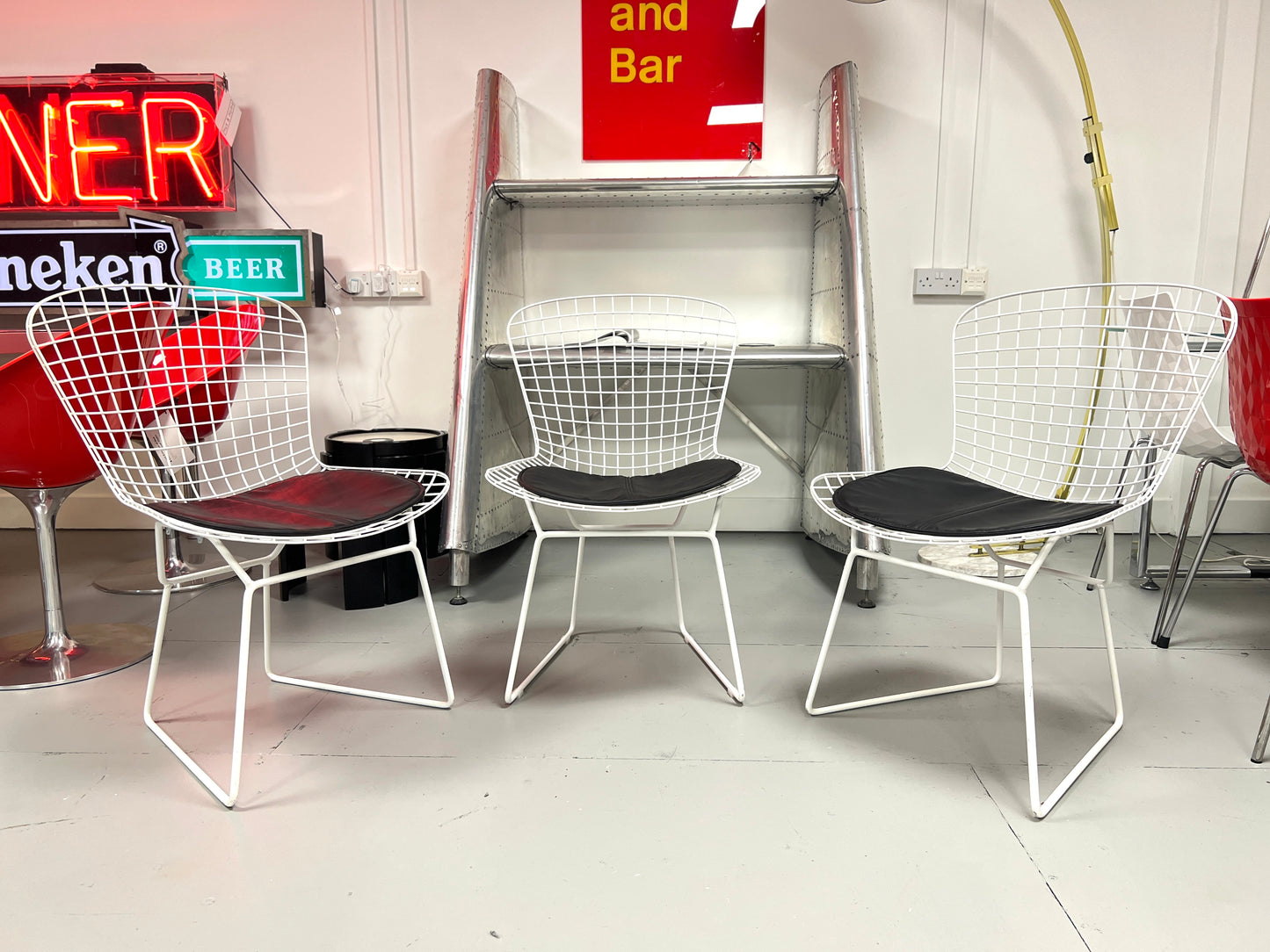 Harry Bertoia Style, Set of Four White Dining Chairs