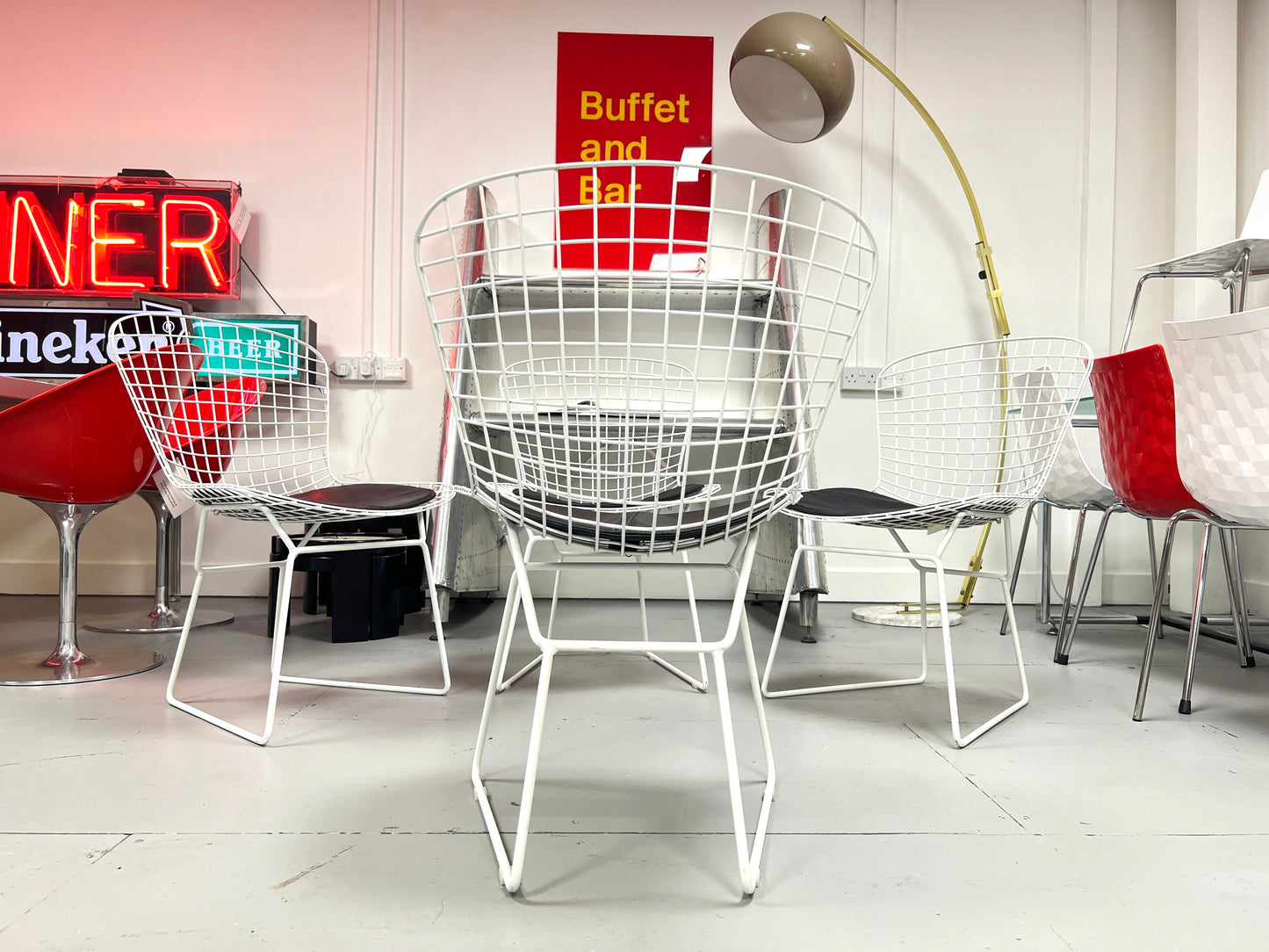 Harry Bertoia Style, Set of Four White Dining Chairs