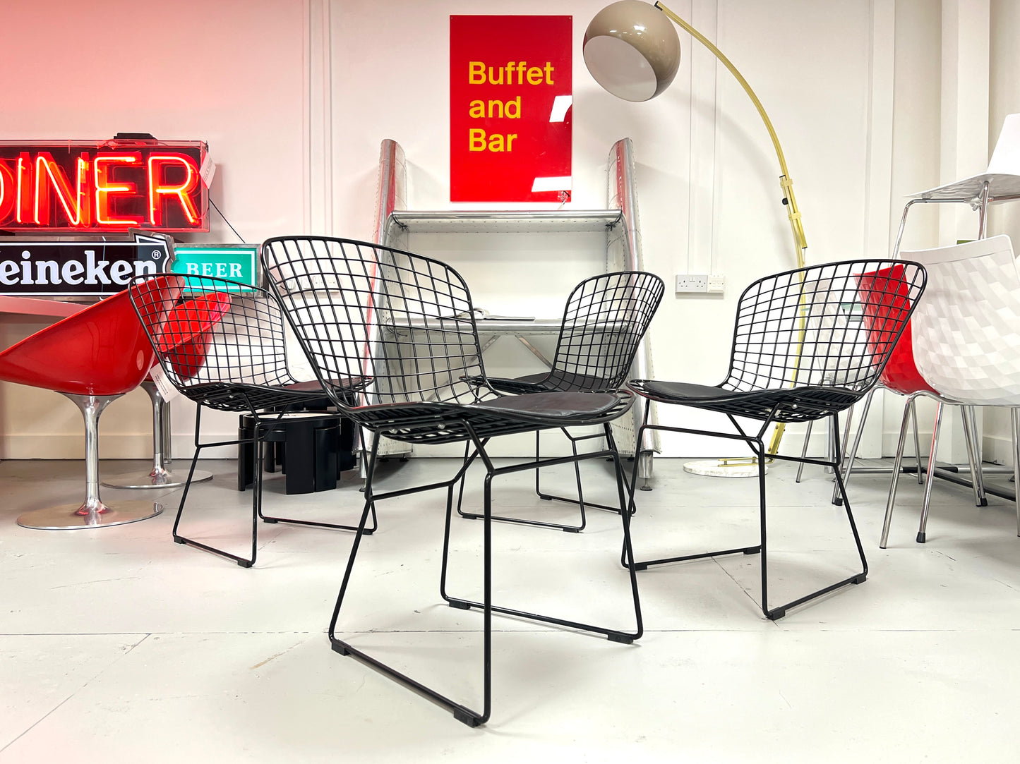Harry Bertoia Style, Set of Four Black Dining Chairs