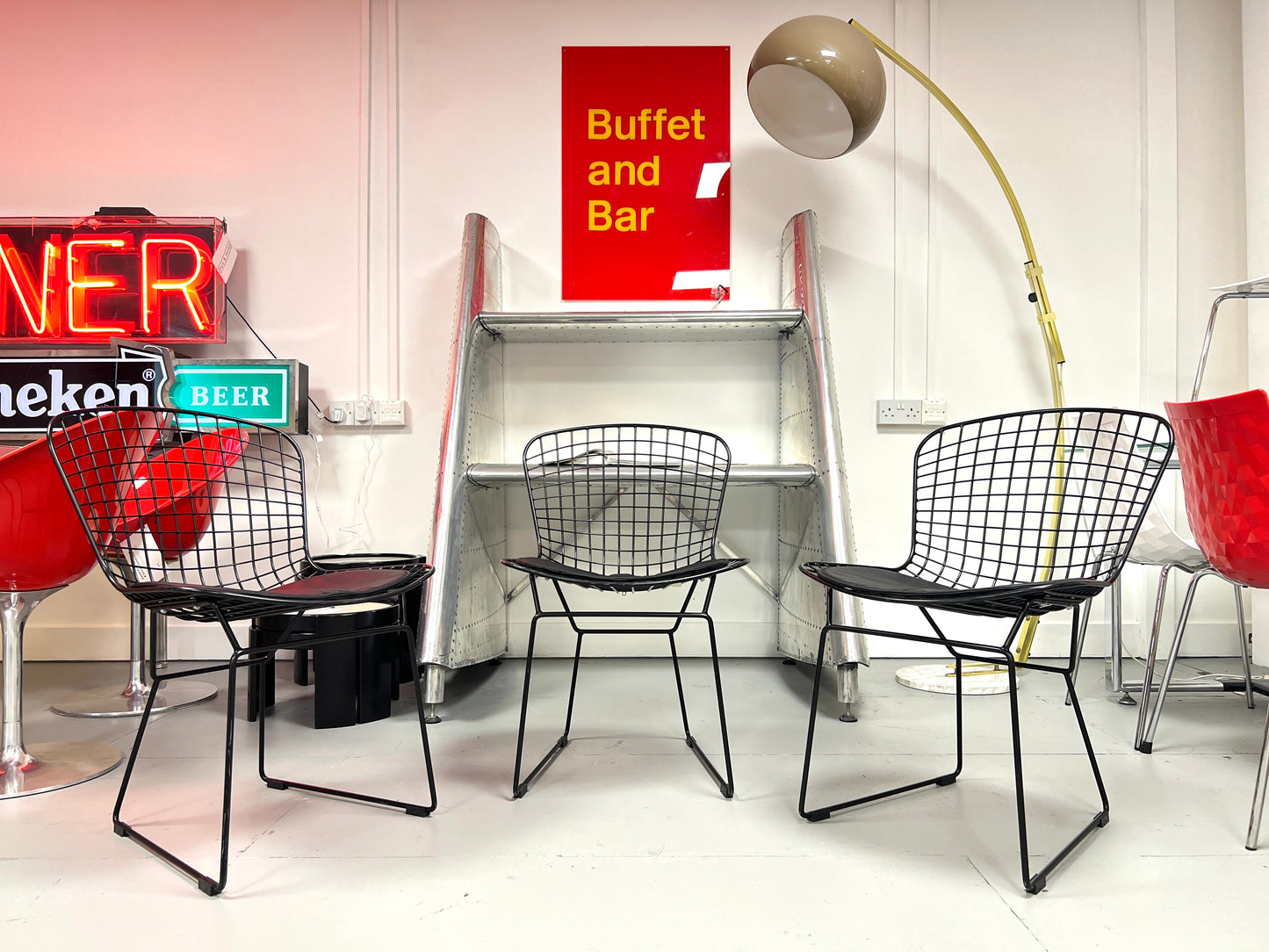 Harry Bertoia Style, Set of Four Black Dining Chairs