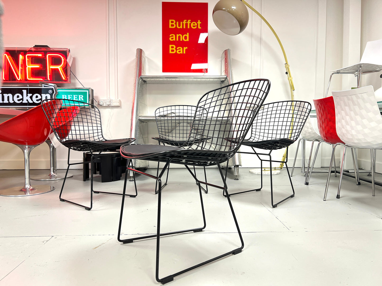 Harry Bertoia Style, Set of Four Black Dining Chairs