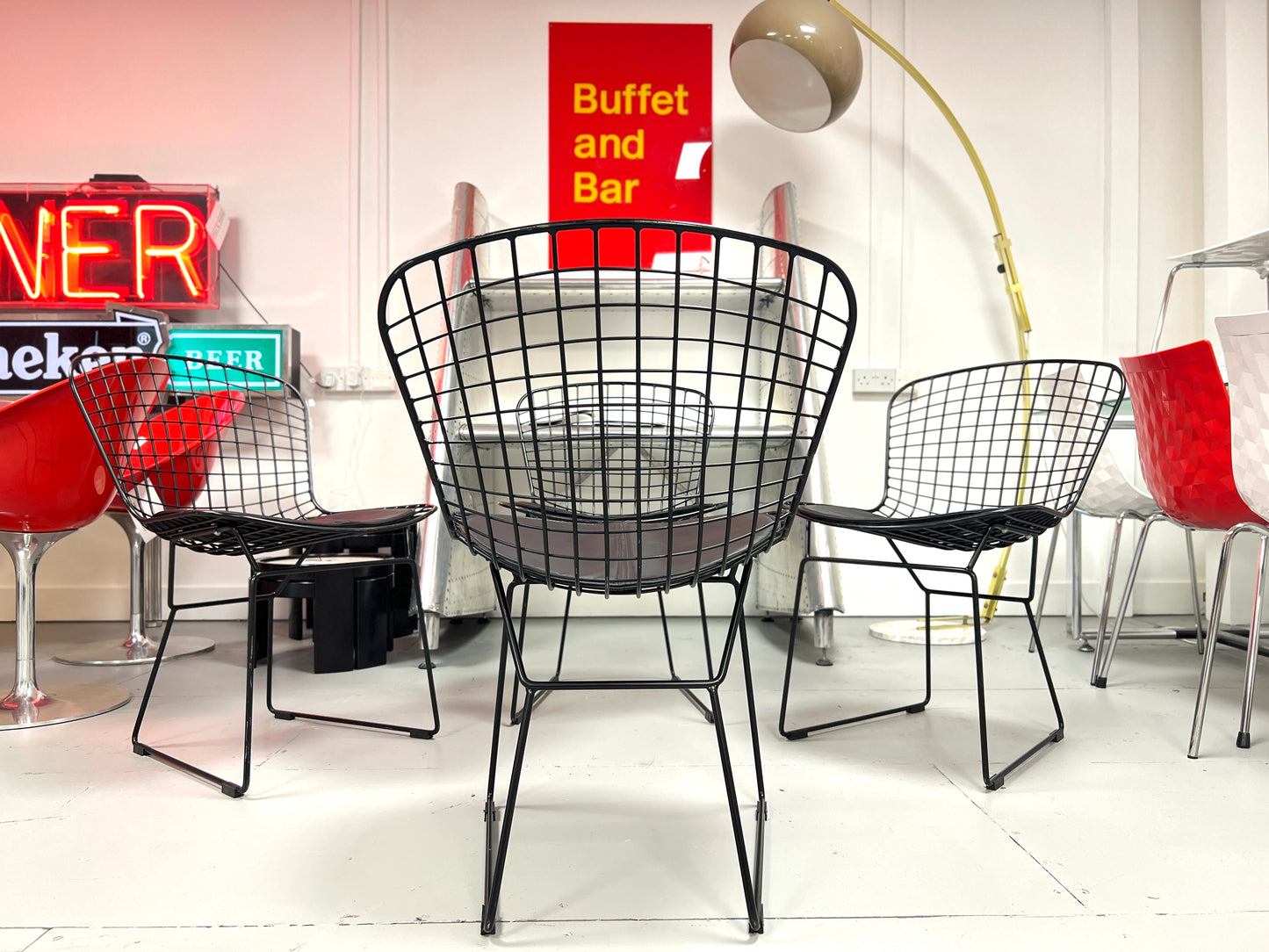 Harry Bertoia Style, Set of Four Black Dining Chairs