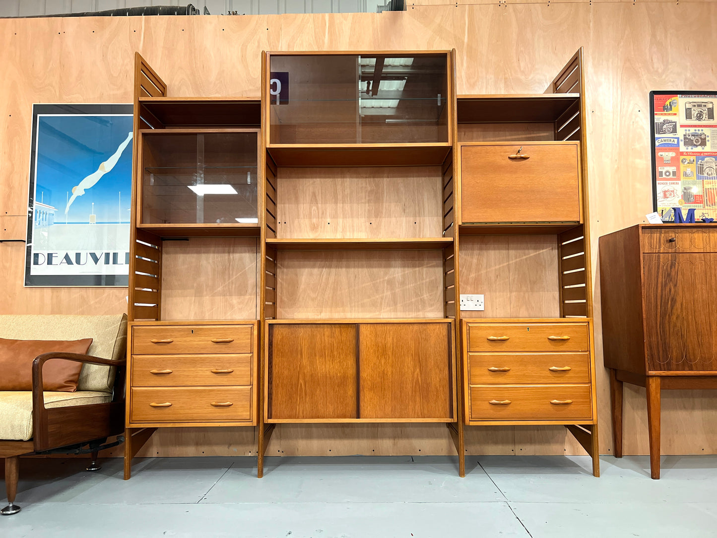 Large Staples Ladderax teak wall system with glazed display cabinets, drawers, cupboards and shelves