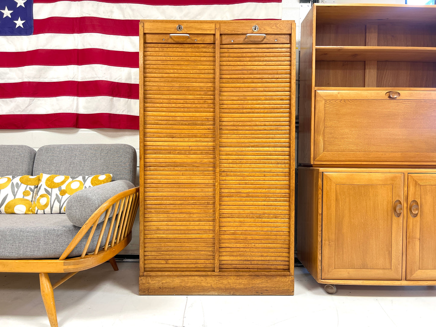 20th Century Oak Double Tambour Front Filing Cabinet