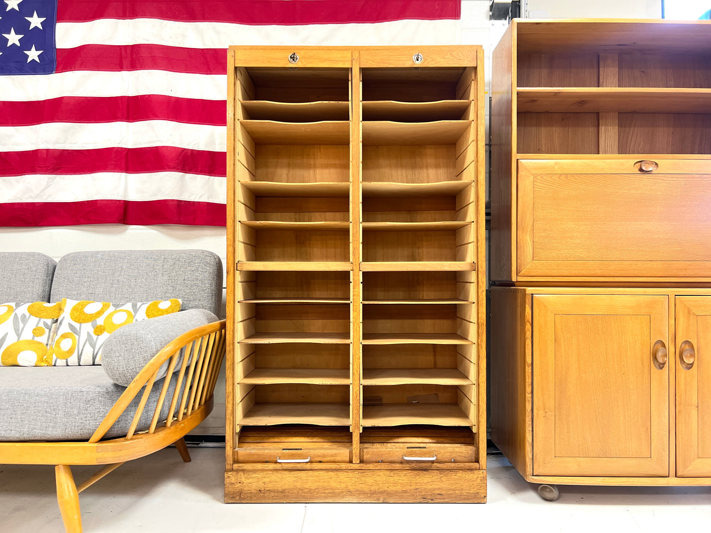 20th Century Oak Double Tambour Front Filing Cabinet