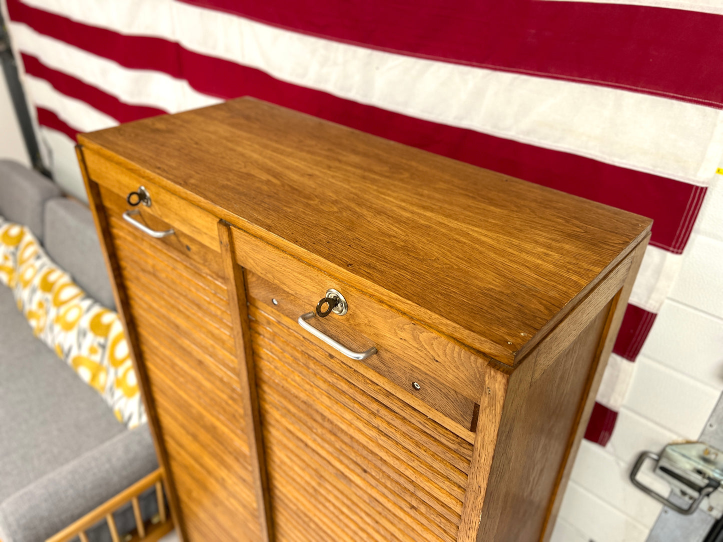 20th Century Oak Double Tambour Front Filing Cabinet
