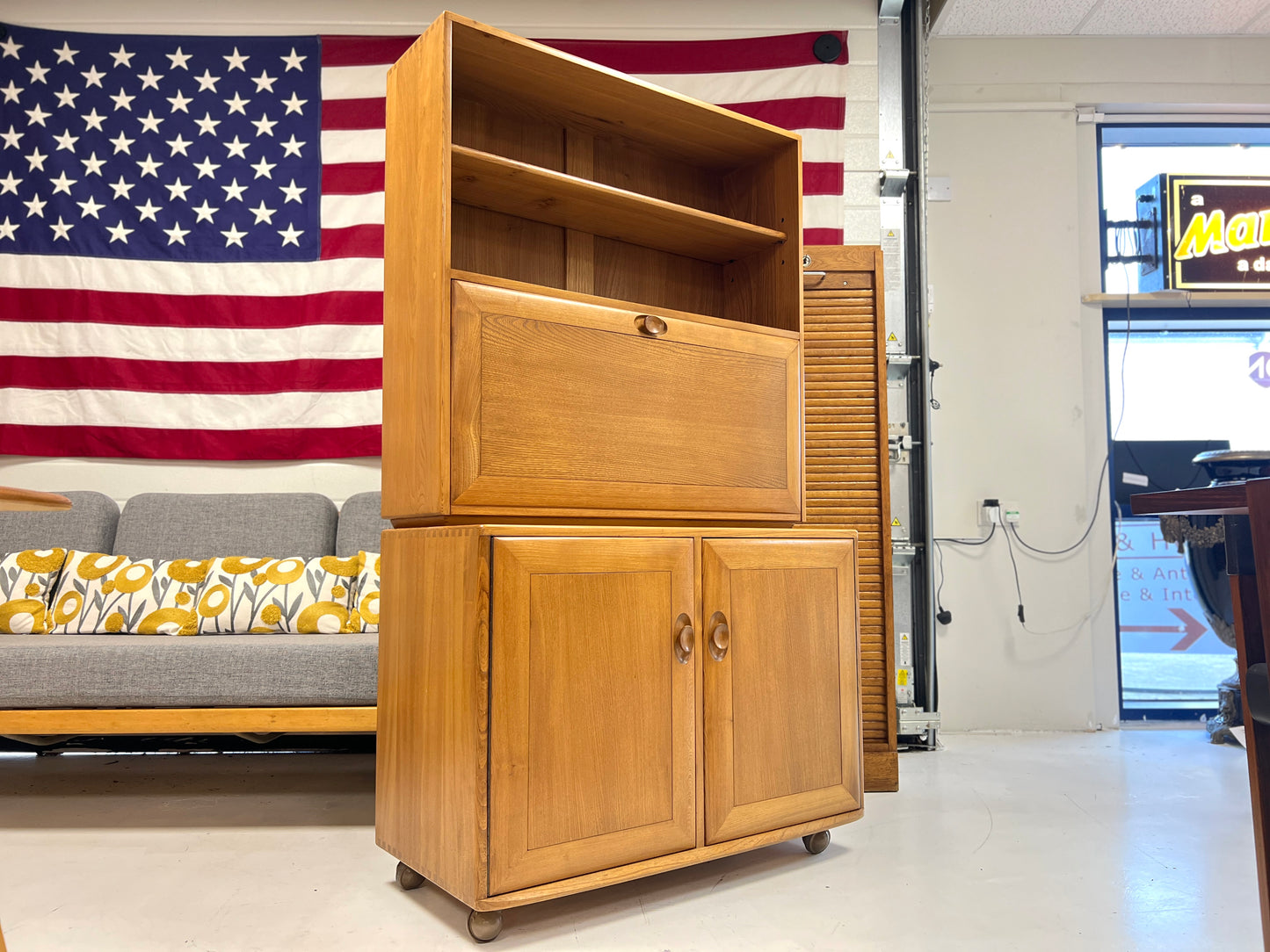 Ercol Windsor, Vintage Compact Bookcase Bureau