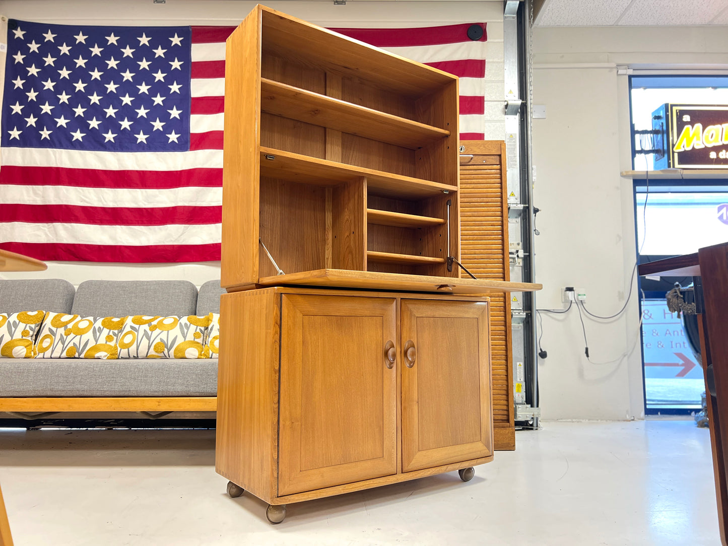 Ercol Windsor, Vintage Compact Bookcase Bureau