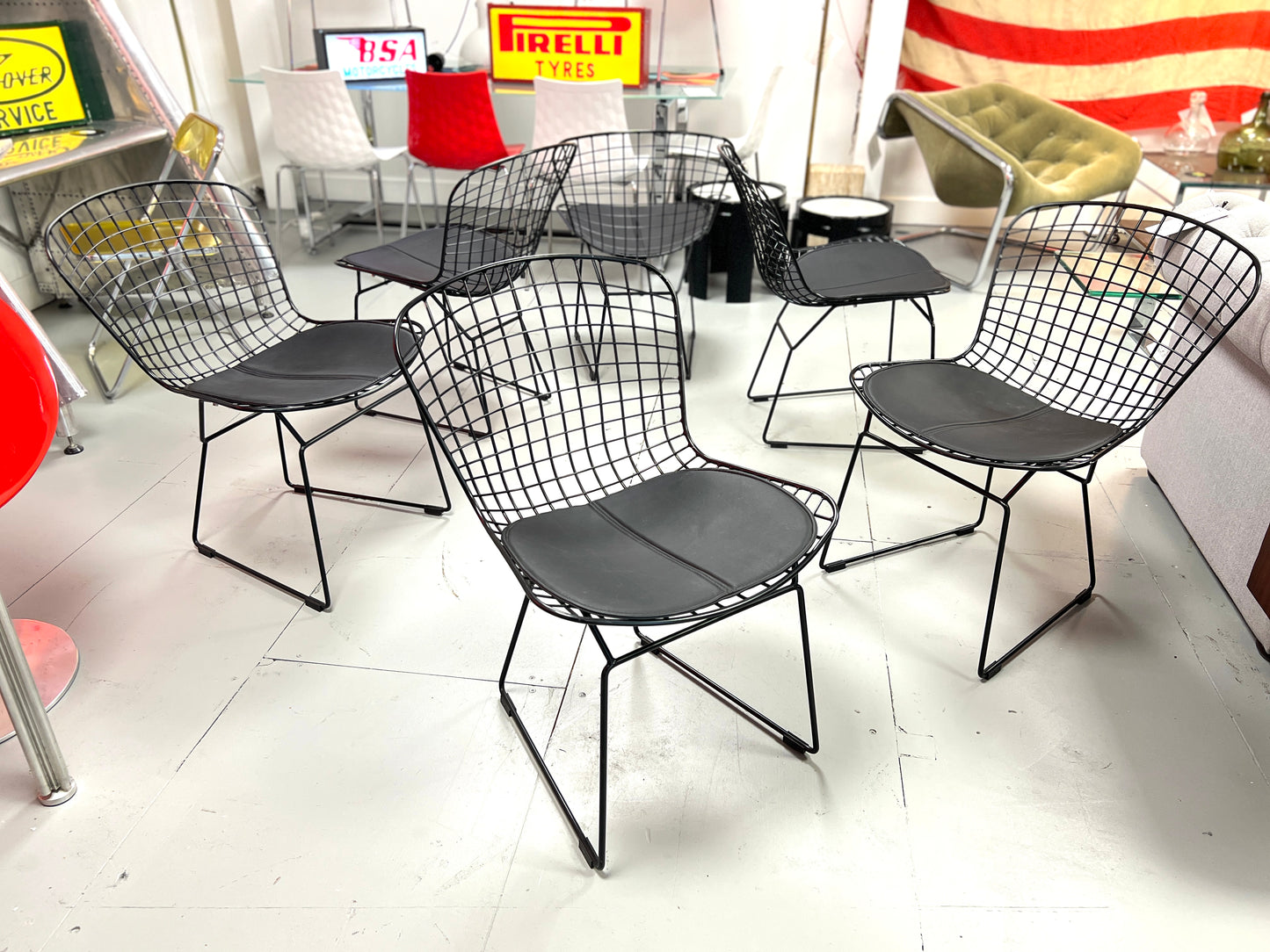 Harry Bertoia Style, Set of 6 Black Dining Chairs