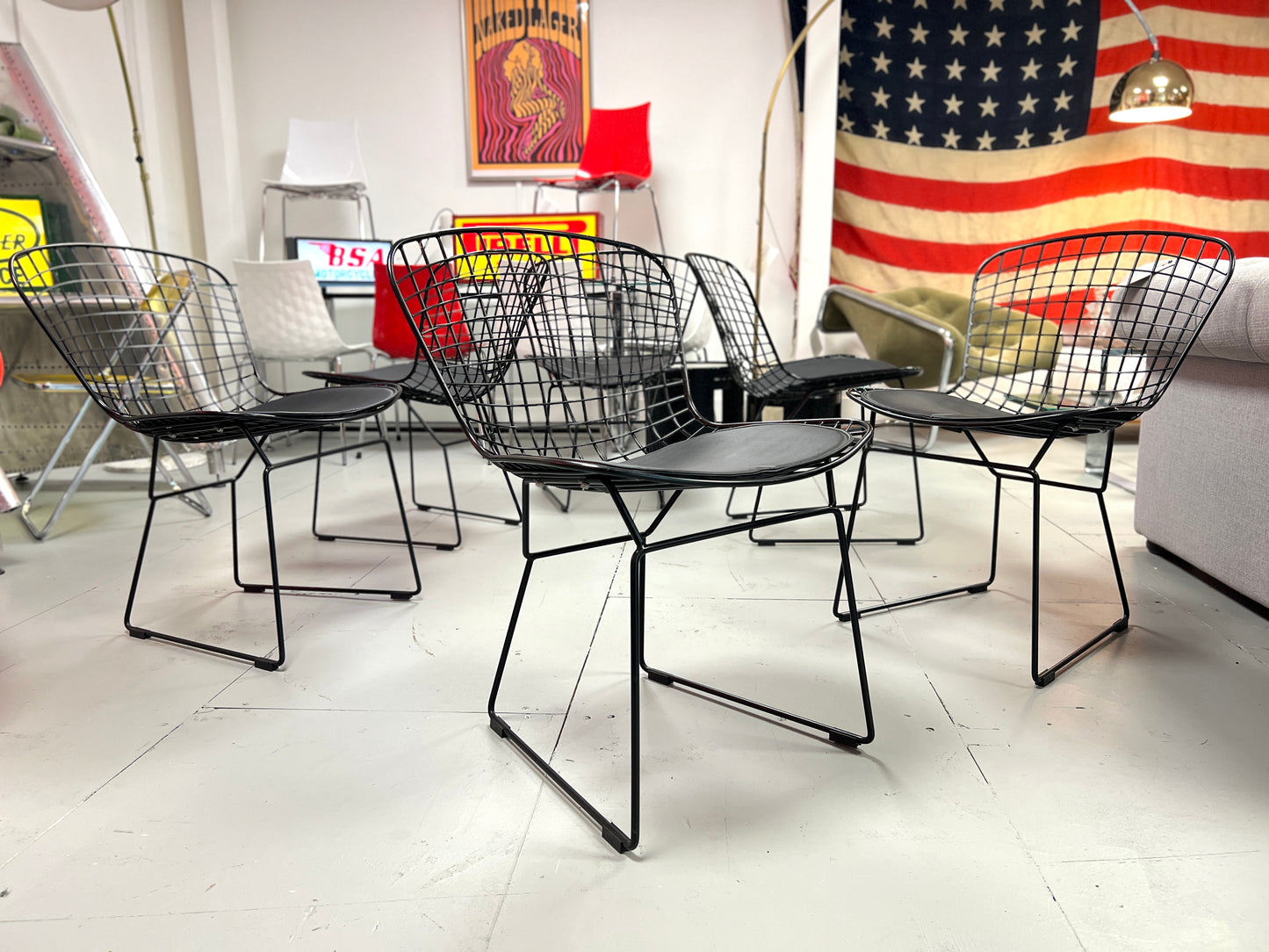 Harry Bertoia Style, Set of 6 Black Dining Chairs