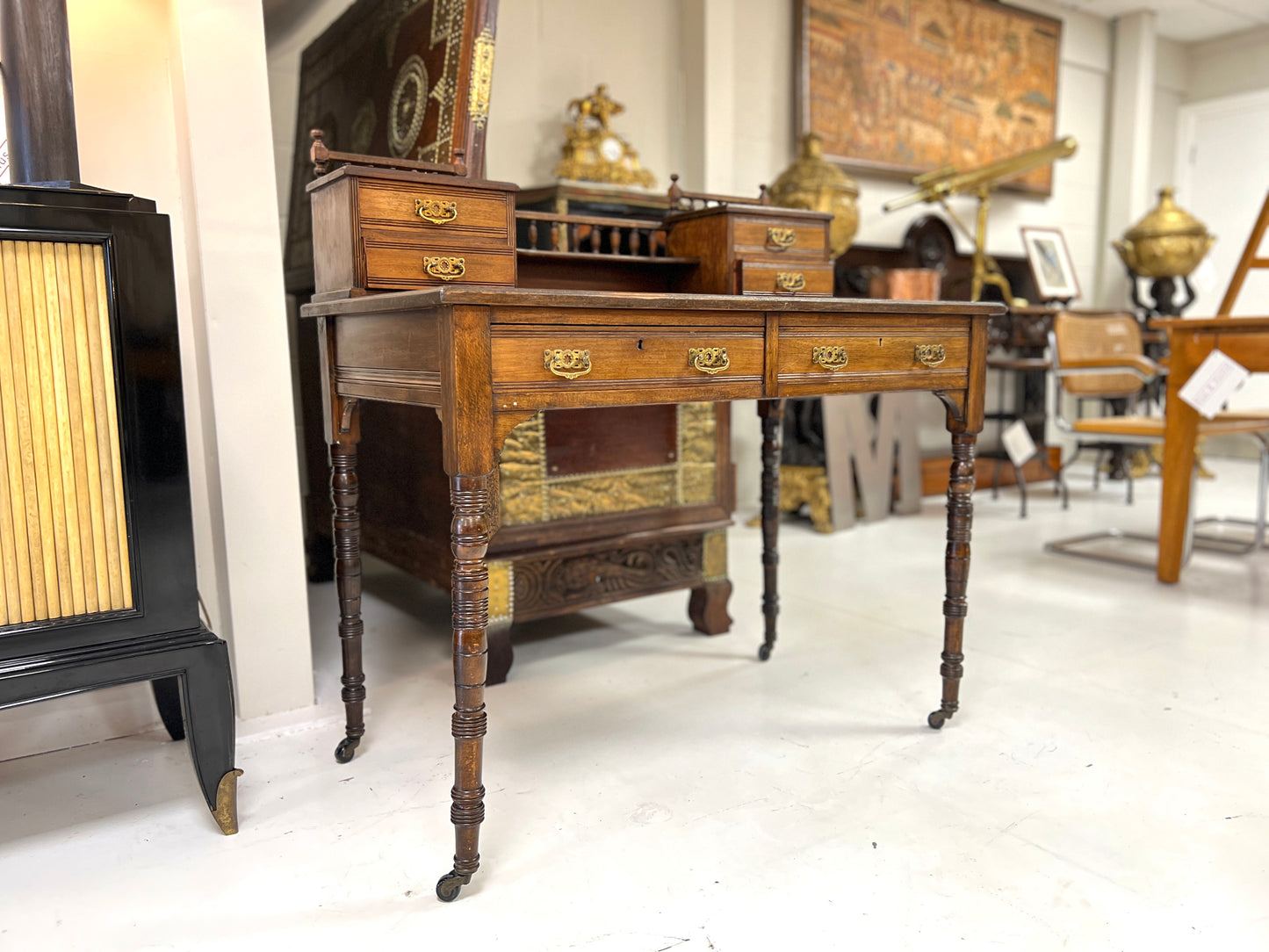 Edwardian Mahogany Writing Desk, Leather Inset Top with Gallery Back