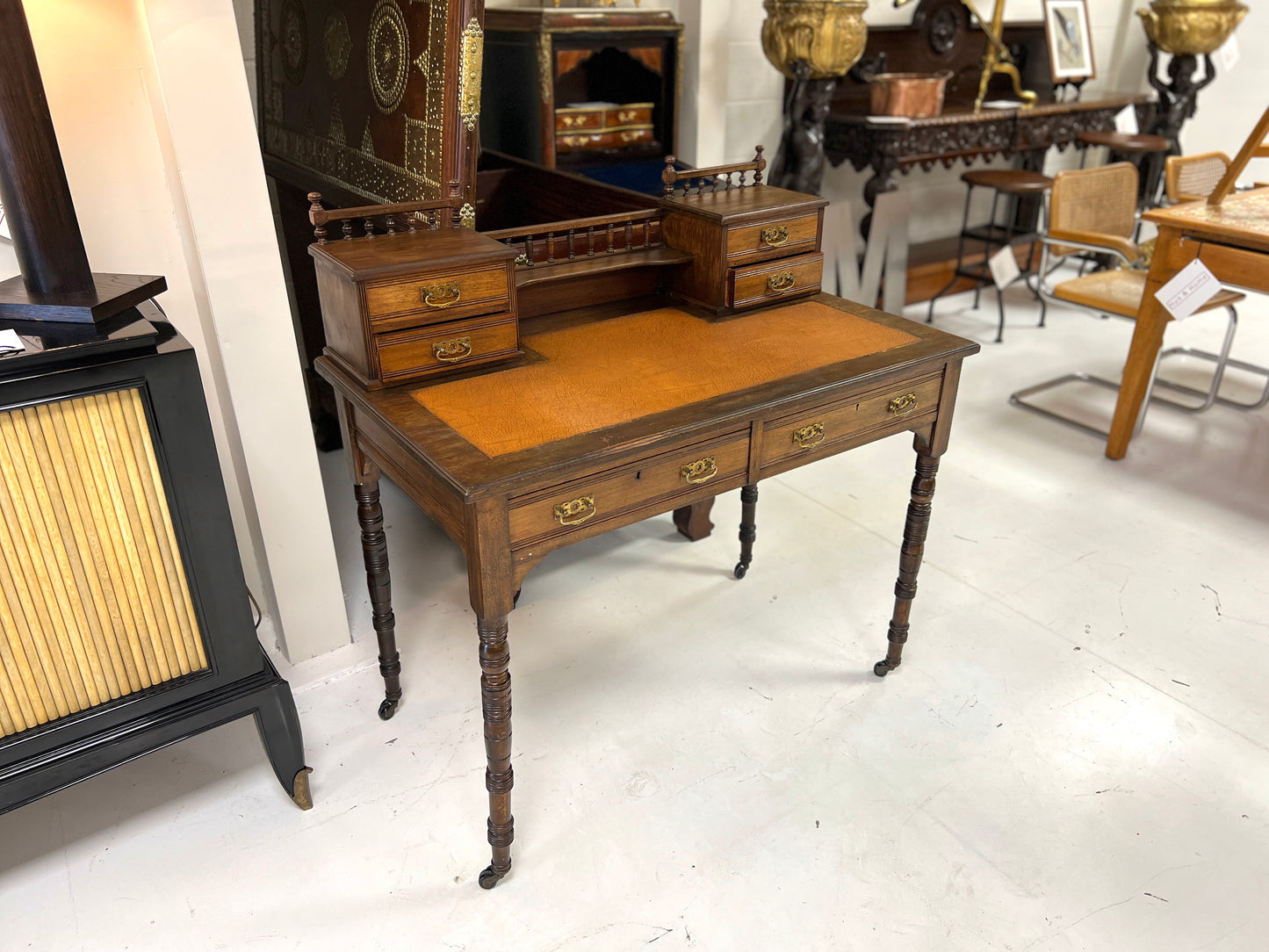 Edwardian Mahogany Writing Desk, Leather Inset Top with Gallery Back
