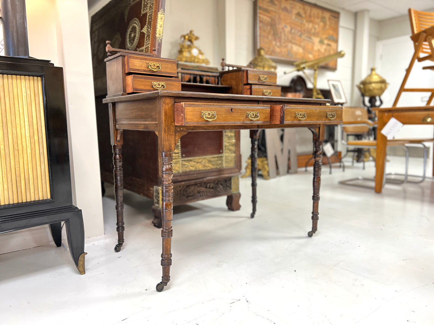 Edwardian Mahogany Writing Desk, Leather Inset Top with Gallery Back