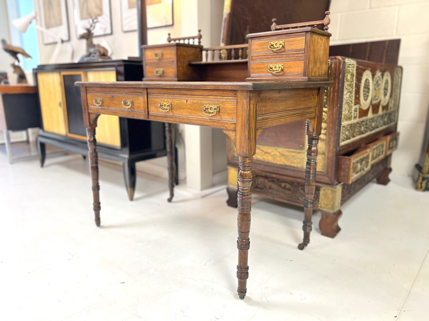 Edwardian Mahogany Writing Desk, Leather Inset Top with Gallery Back