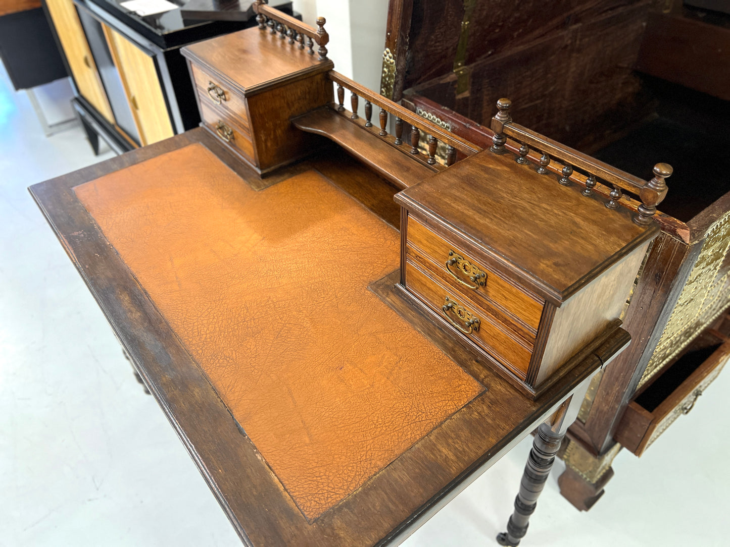 Edwardian Mahogany Writing Desk, Leather Inset Top with Gallery Back