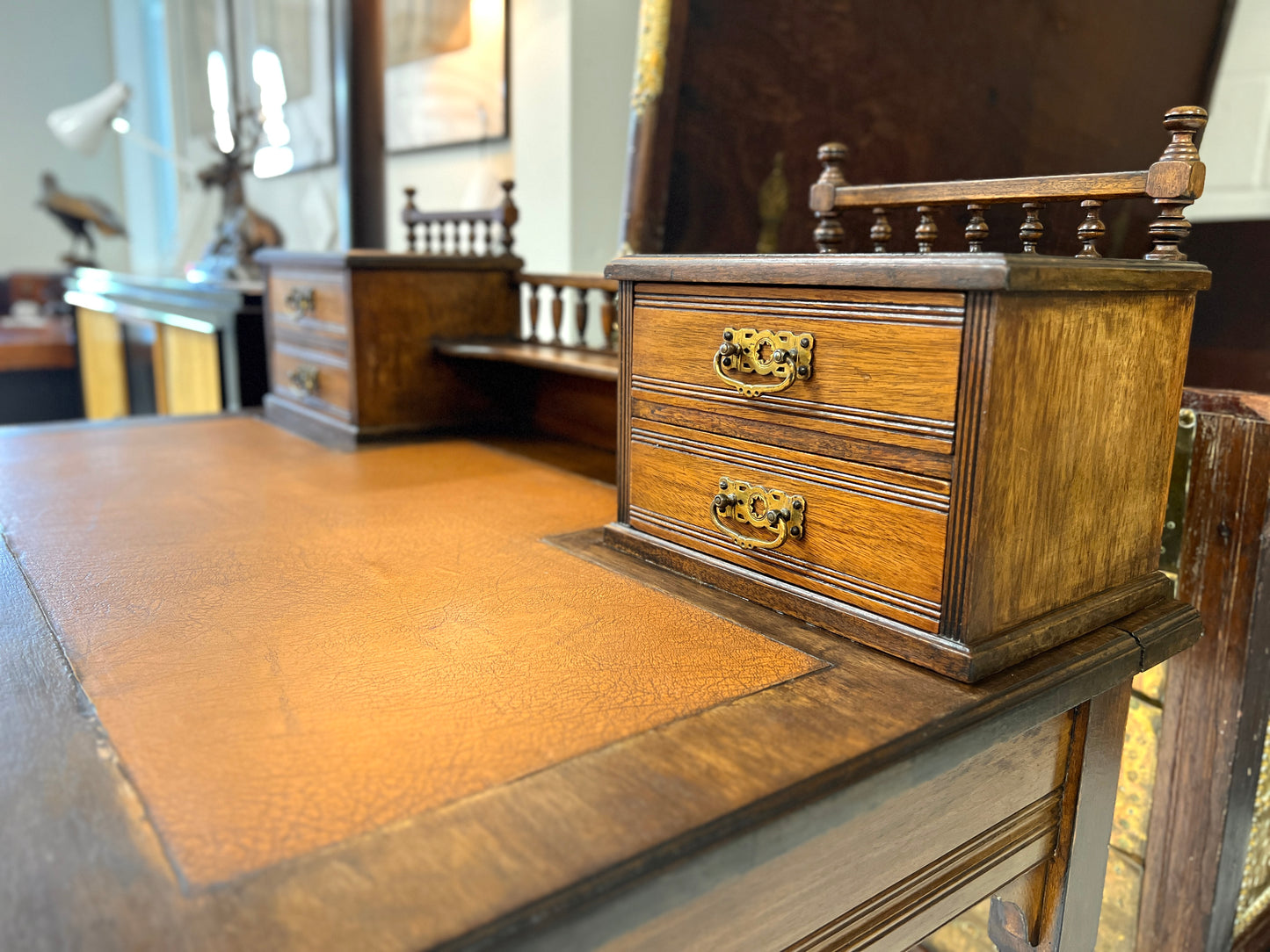 Edwardian Mahogany Writing Desk, Leather Inset Top with Gallery Back