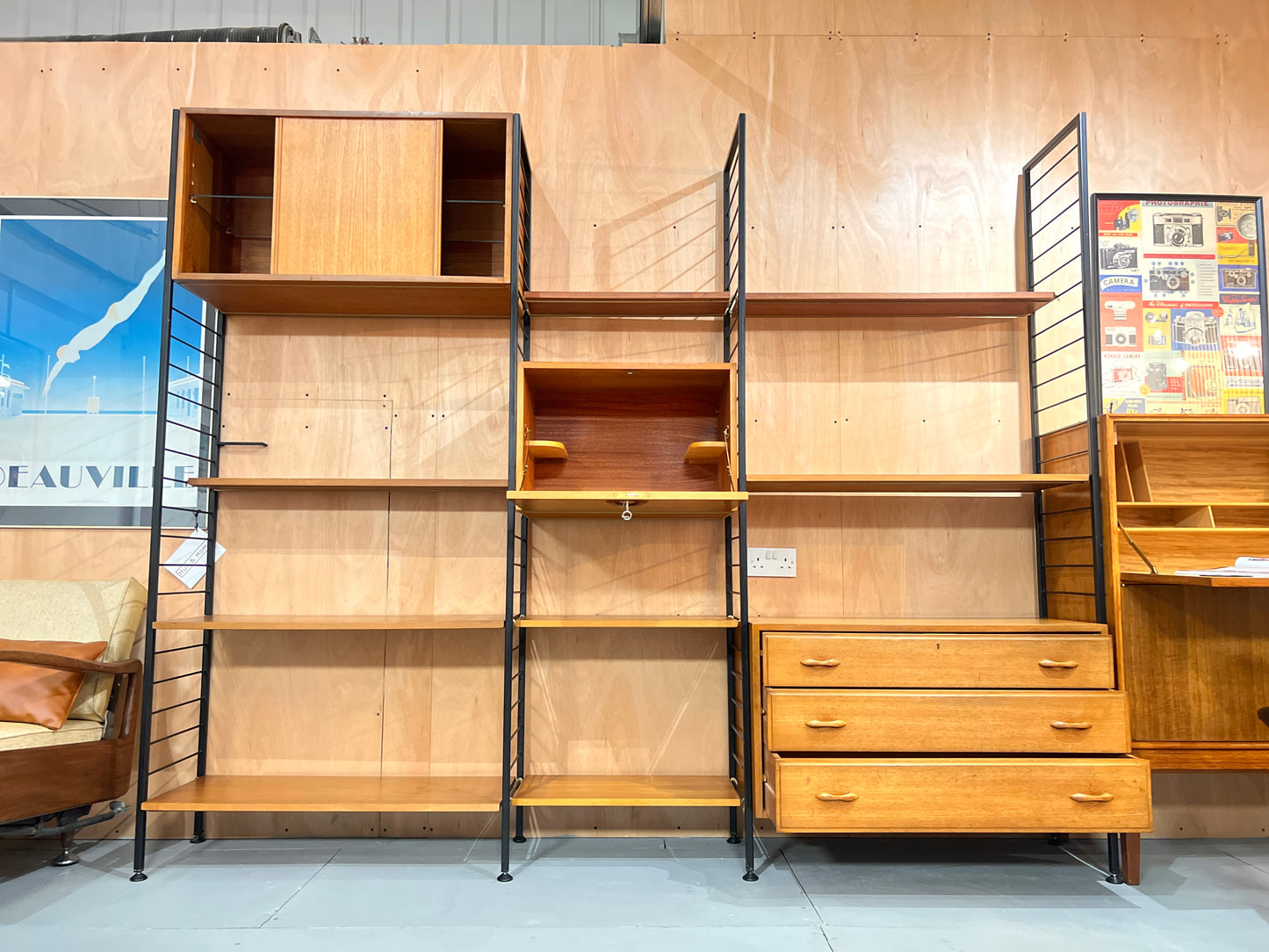 Staples Teak Ladderax Wall System, Three Bays with Cabinets and Shelves