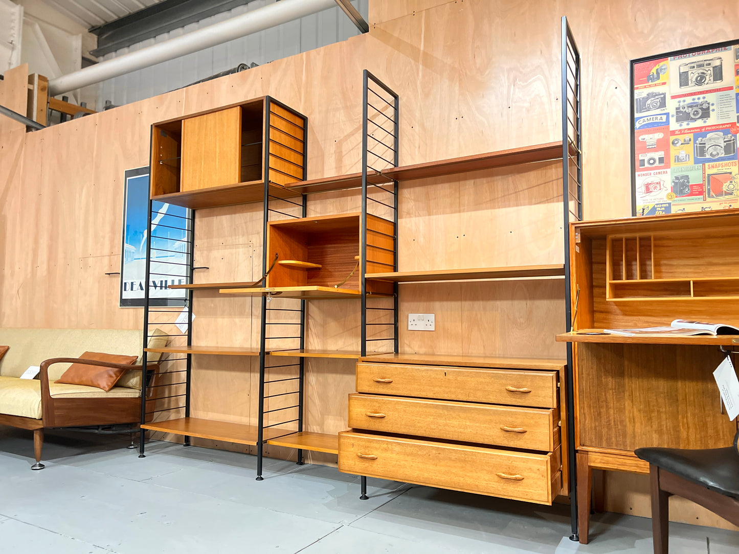 Staples Teak Ladderax Wall System, Three Bays with Cabinets and Shelves