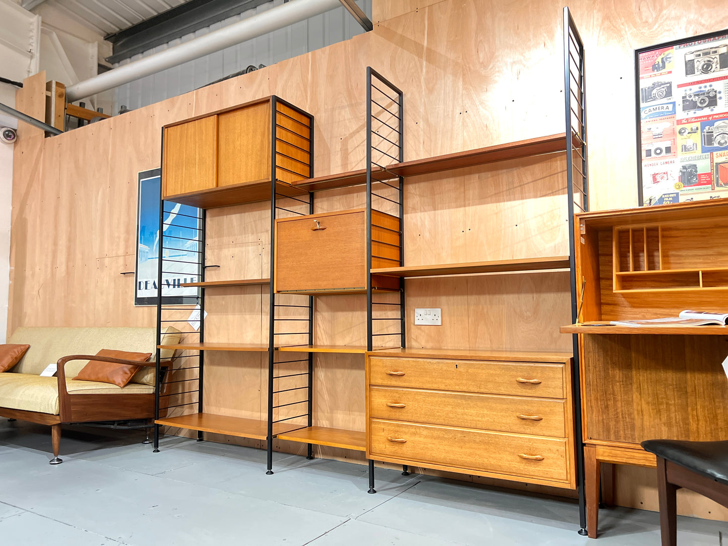 Staples Teak Ladderax Wall System, Three Bays with Cabinets and Shelves