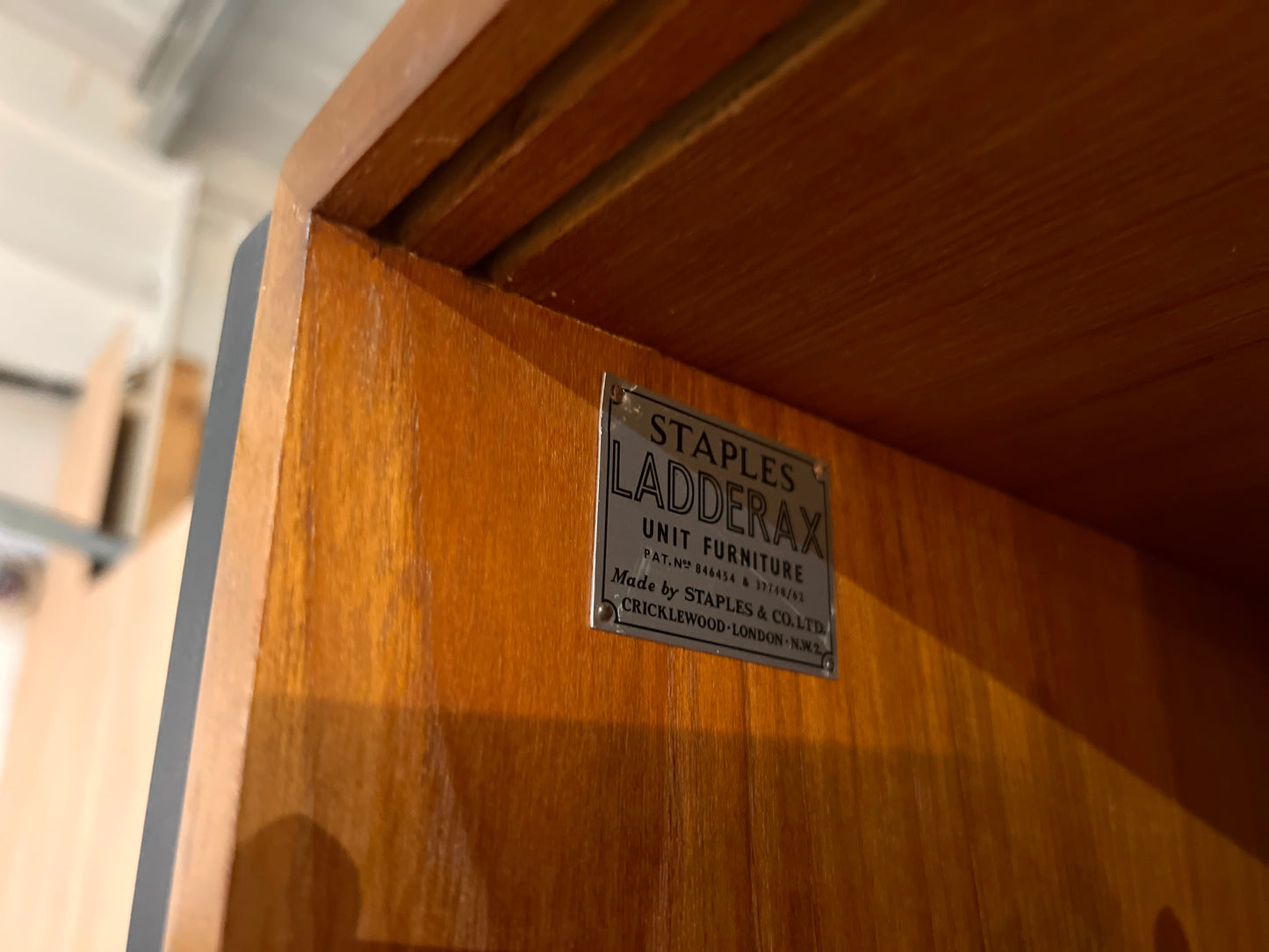 Staples Teak Ladderax Wall System, Three Bays with Cabinets and Shelves