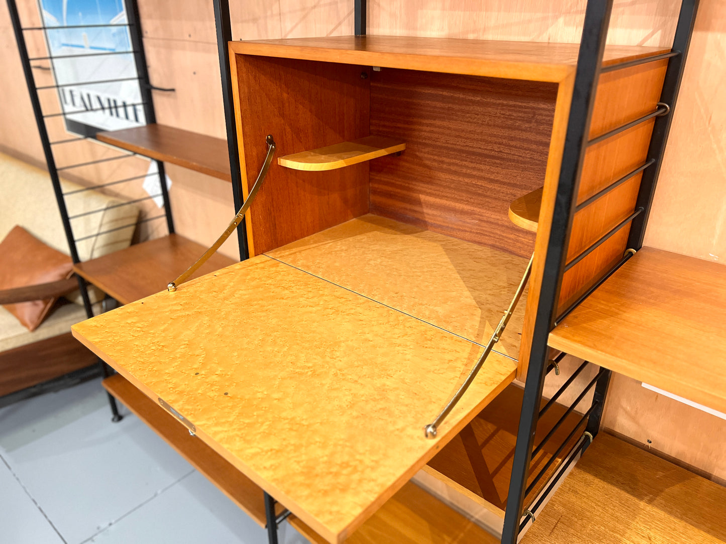 Staples Teak Ladderax Wall System, Three Bays with Cabinets and Shelves