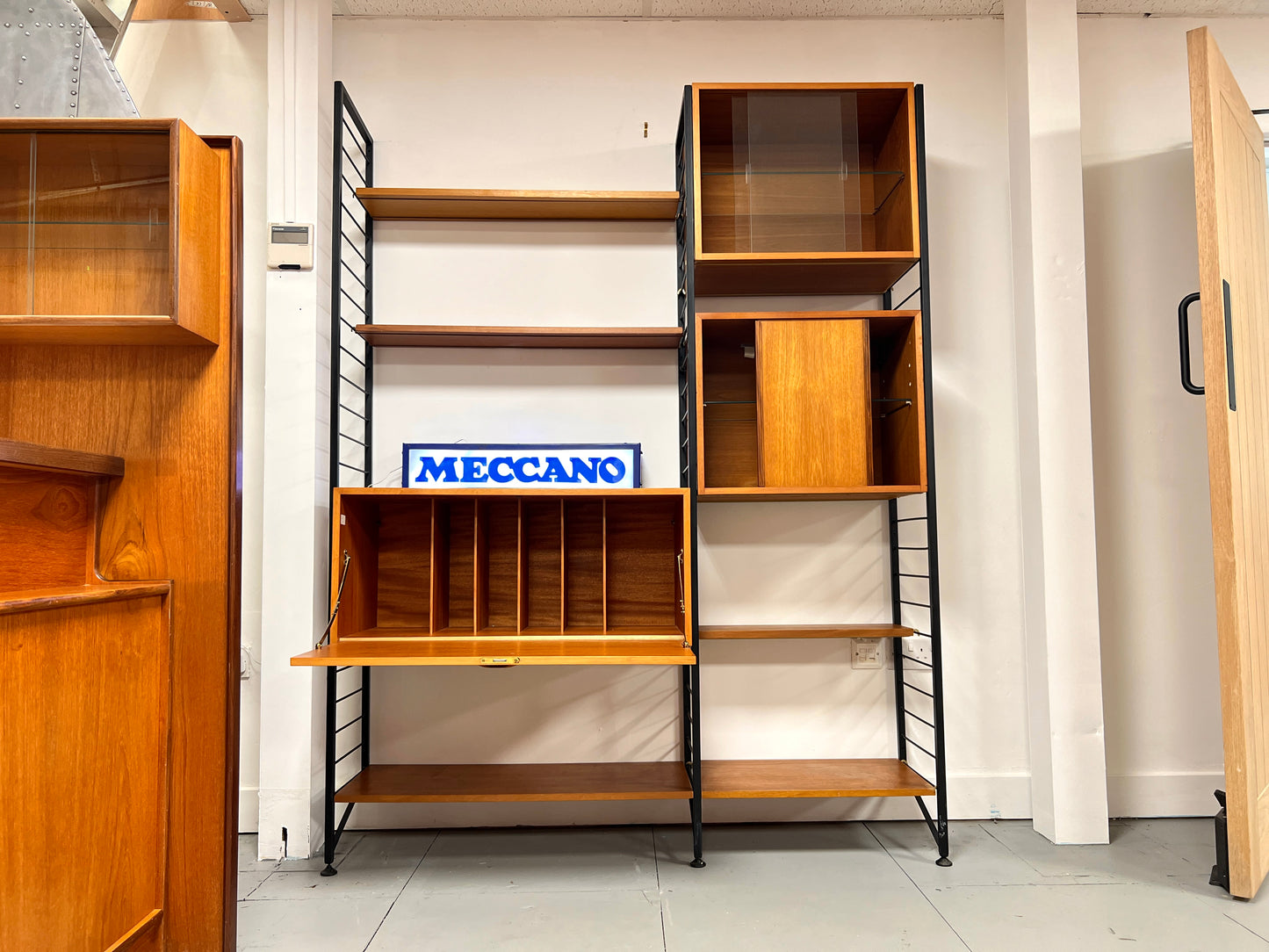 Staples Teak Ladderax Wall System, Two Bays with Cabinets and Shelves