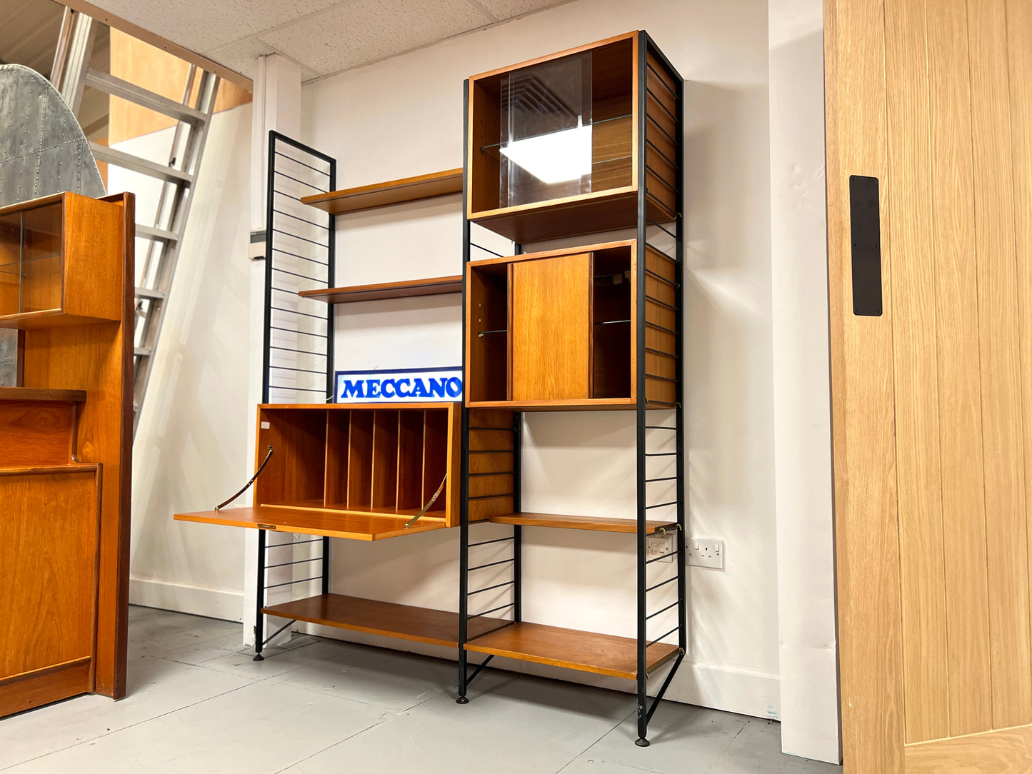 Staples Teak Ladderax Wall System, Two Bays with Cabinets and Shelves