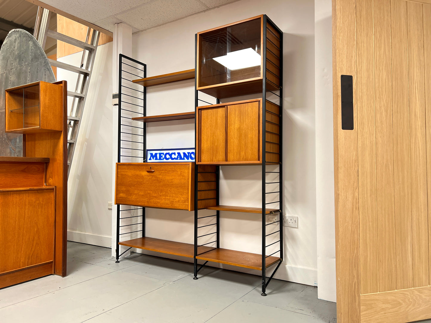 Staples Teak Ladderax Wall System, Two Bays with Cabinets and Shelves