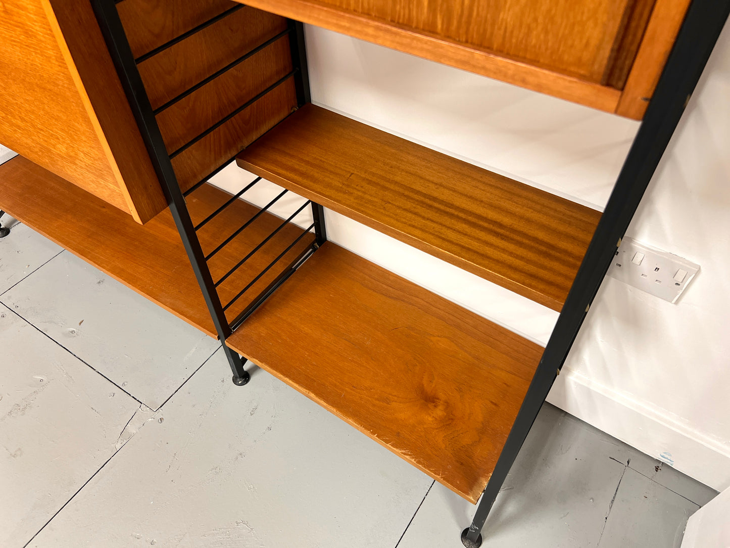 Staples Teak Ladderax Wall System, Two Bays with Cabinets and Shelves