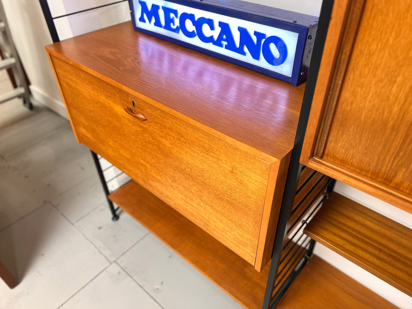 Staples Teak Ladderax Wall System, Two Bays with Cabinets and Shelves