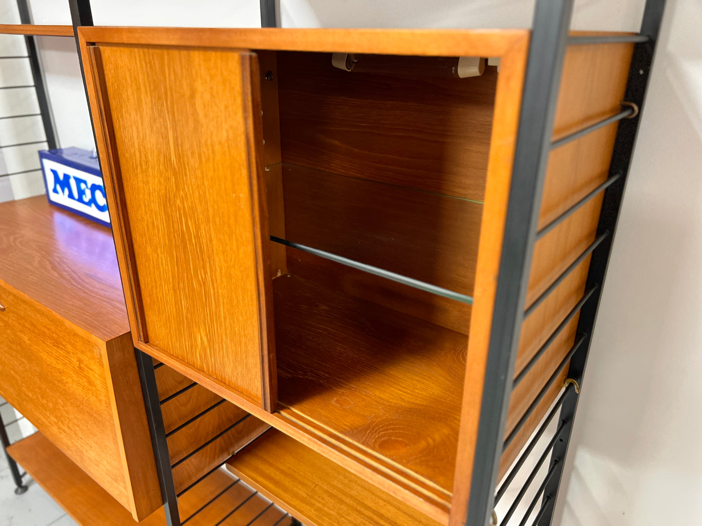 Staples Teak Ladderax Wall System, Two Bays with Cabinets and Shelves