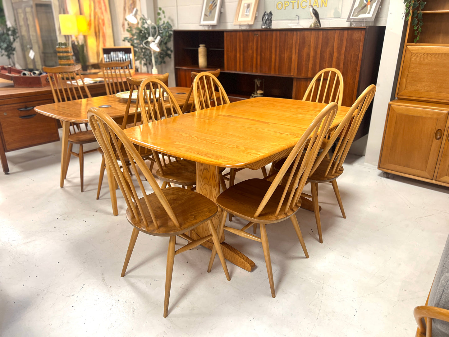 Ercol Elm Dining Table, Model 1157, Extending Trestle Table