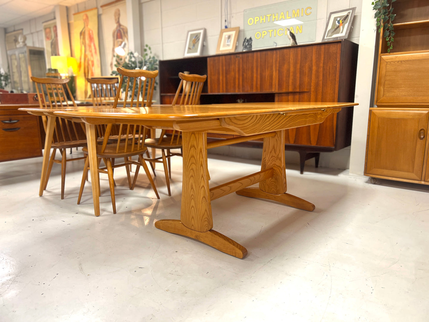 Ercol Elm Dining Table, Model 1157, Extending Trestle Table