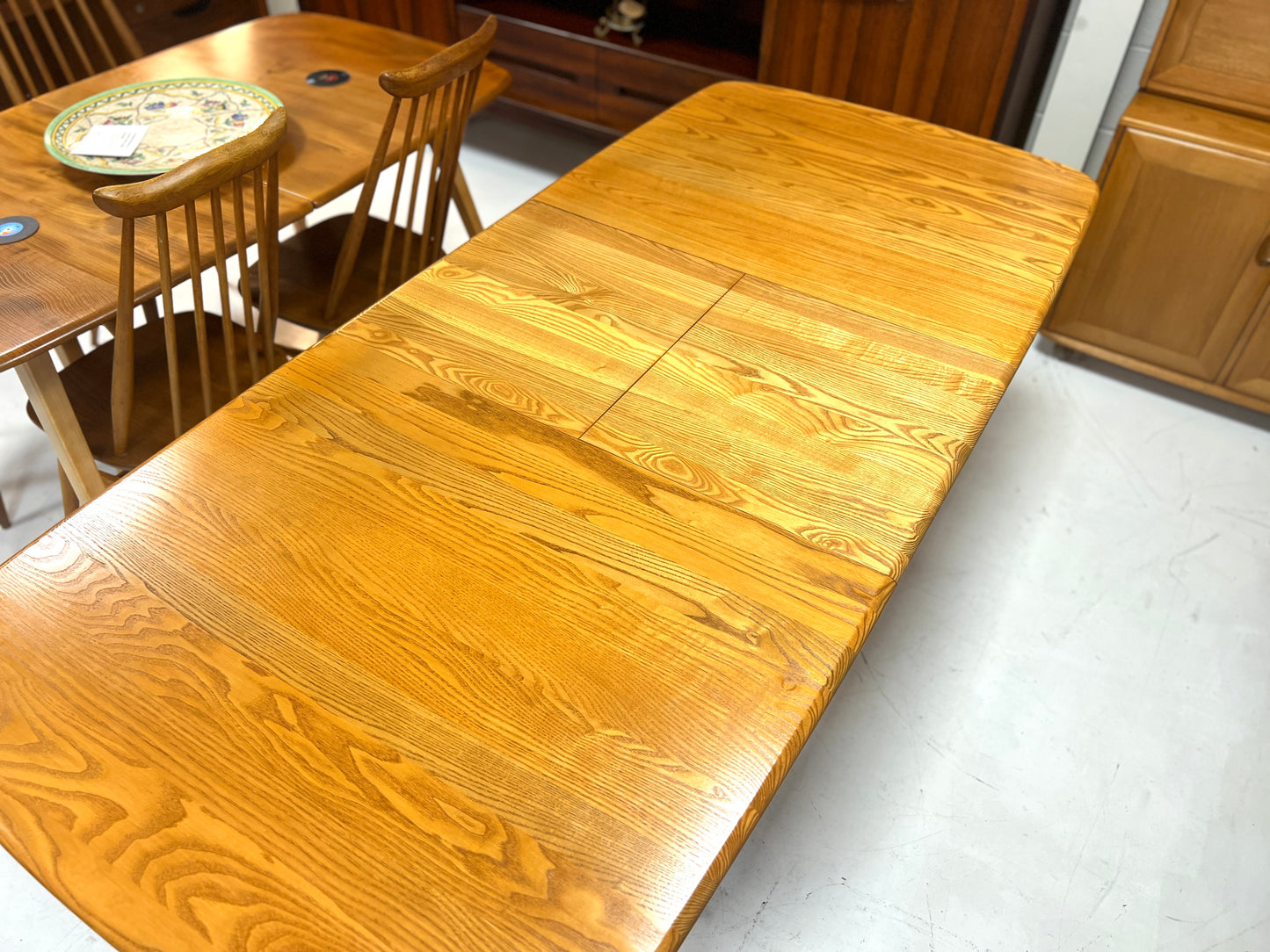 Ercol Elm Dining Table, Model 1157, Extending Trestle Table
