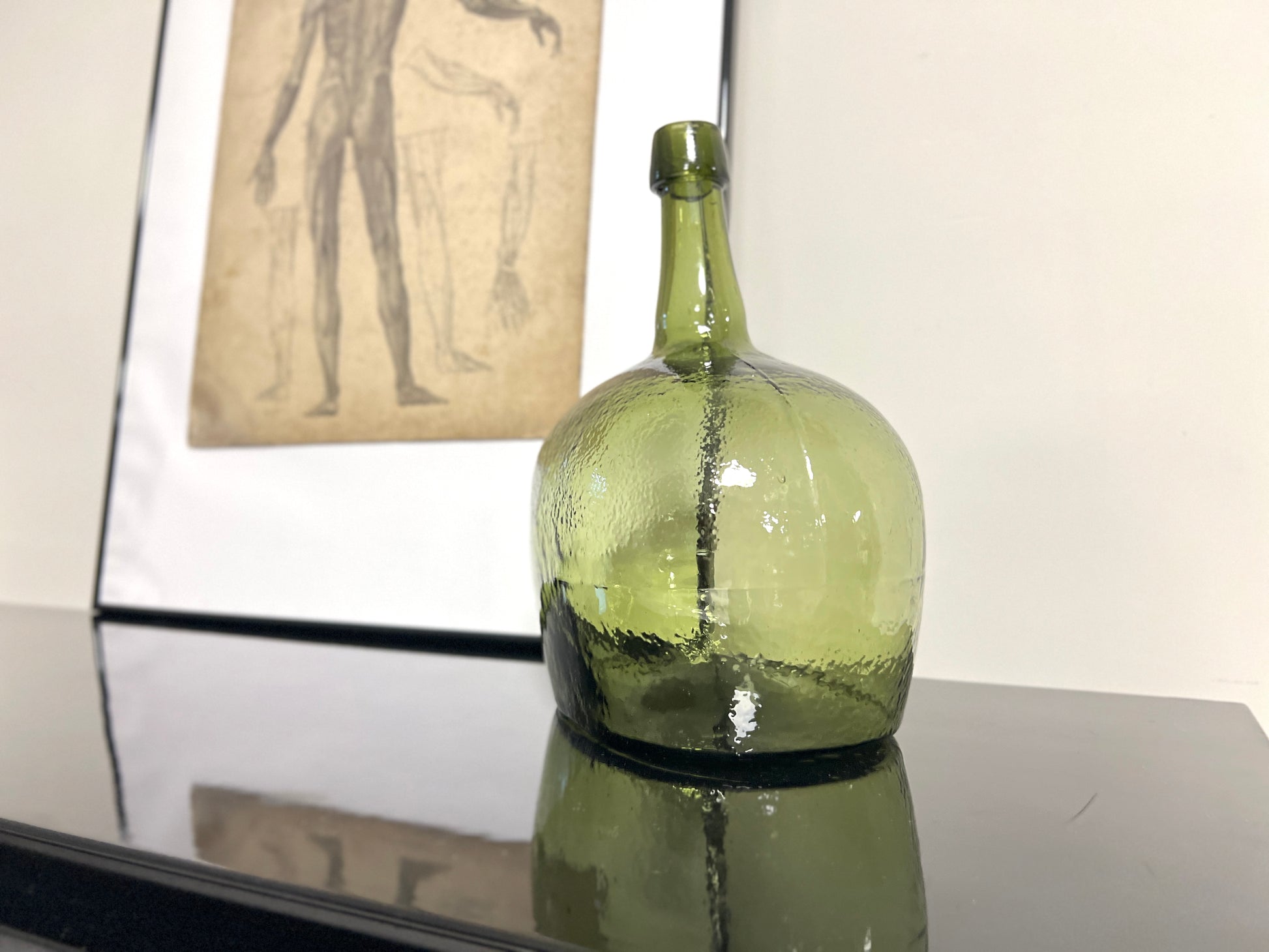 19th Century, Green Blown Glass Oval Demijohn