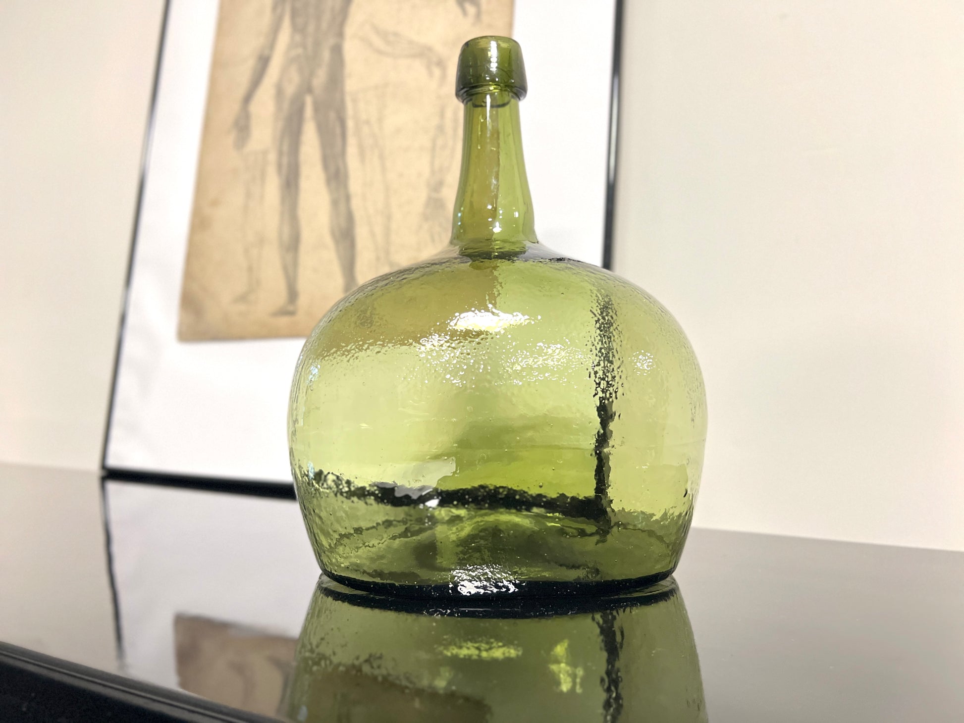 19th Century, Green Blown Glass Oval Demijohn