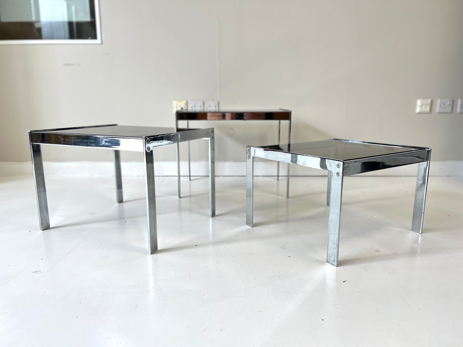 Merrow Associates, Smoked Glass & Chrome Nest of Tables