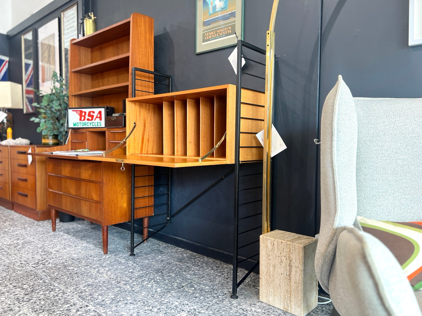 Ladderax vintage modular shelving with bureau cabinet open