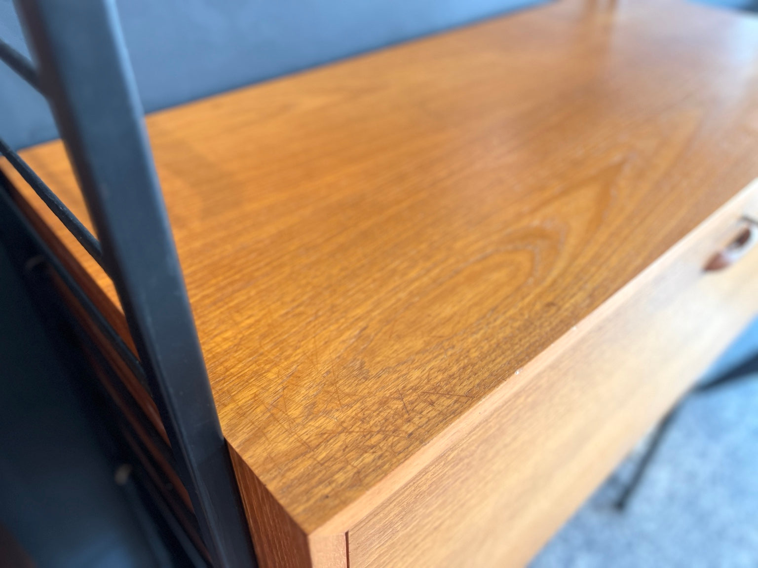 Ladderax vintage modular shelving surface wear detail