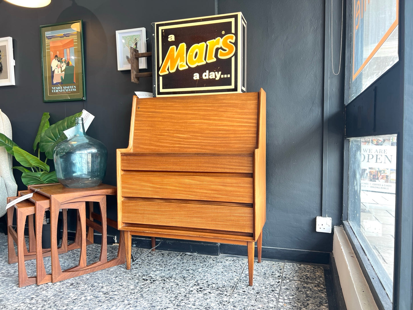 Richard Hornby teak bureau angled front view closed