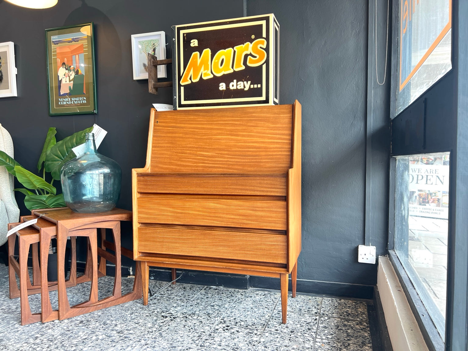 Richard Hornby teak bureau angled front view closed